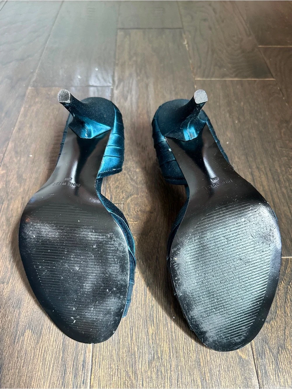 Nine West Teal Satin Peep-Toe Heels with Gem Accent, Size 8